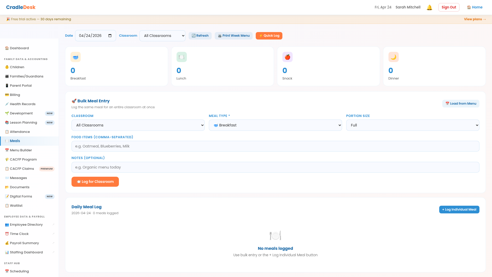 Quick Meal Log — classroom selection and bulk CACFP logging