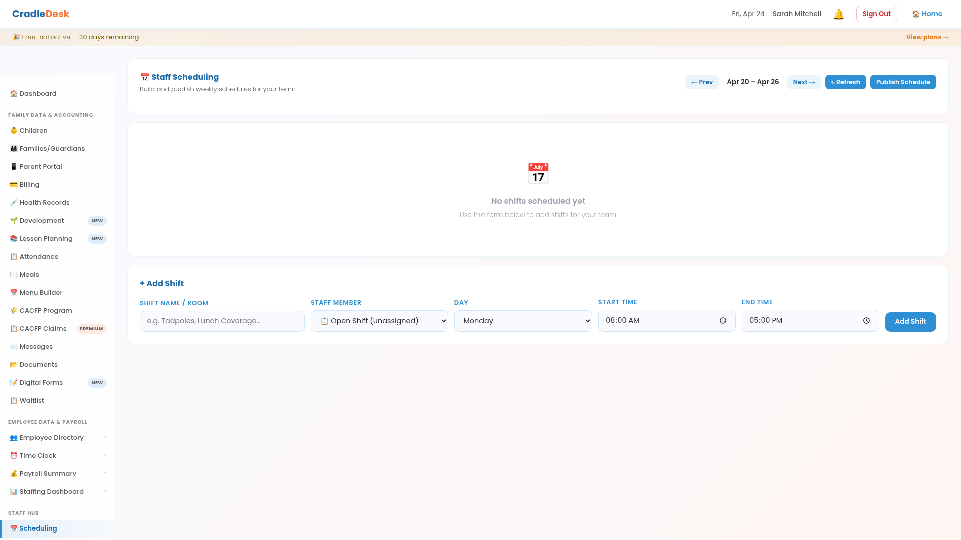 Staff Scheduling Grid with shifts and open shift badges