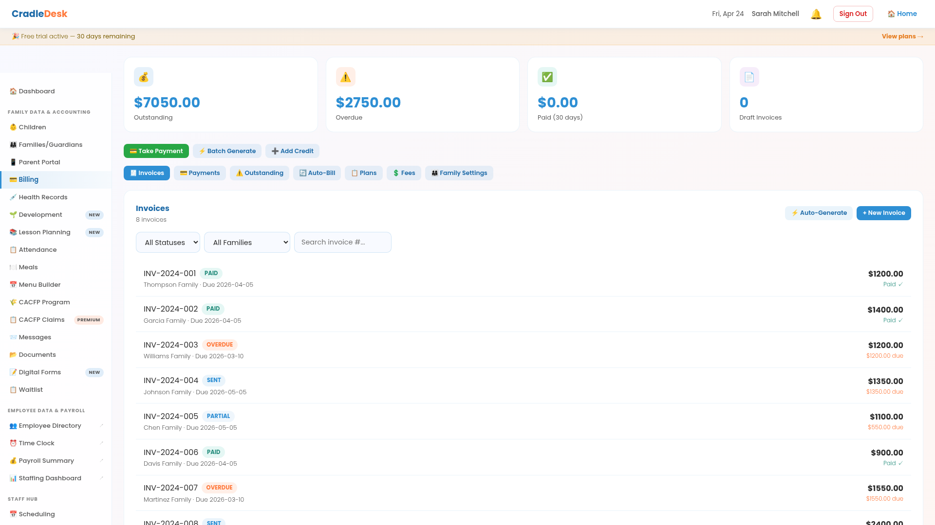 Billing Dashboard with invoices and payment tracking